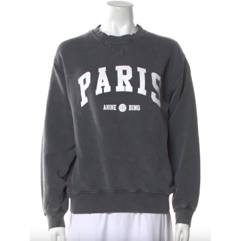 Anine Bing Paris Pullover Sweatshirt in Washed Black with White Logo - Picture 2 of 4